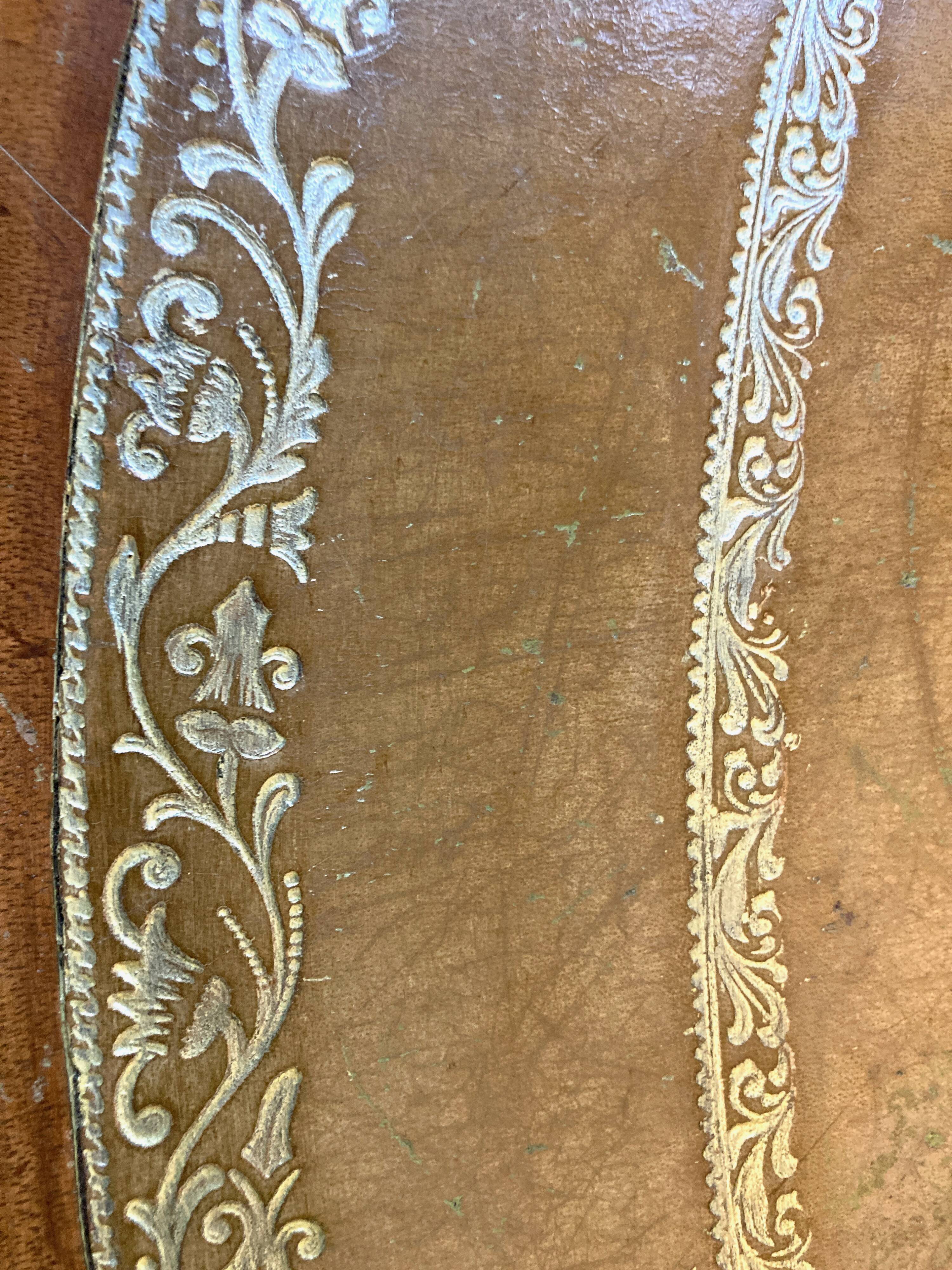 Old drum table 1900 cherry leather and brass