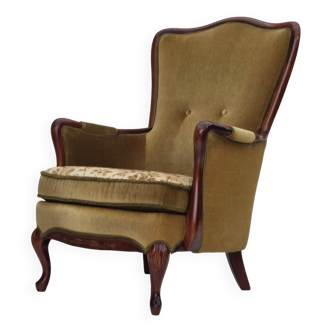 Années 1950, fauteuil danois à dossier haut, revêtement d'origine, velours vert.