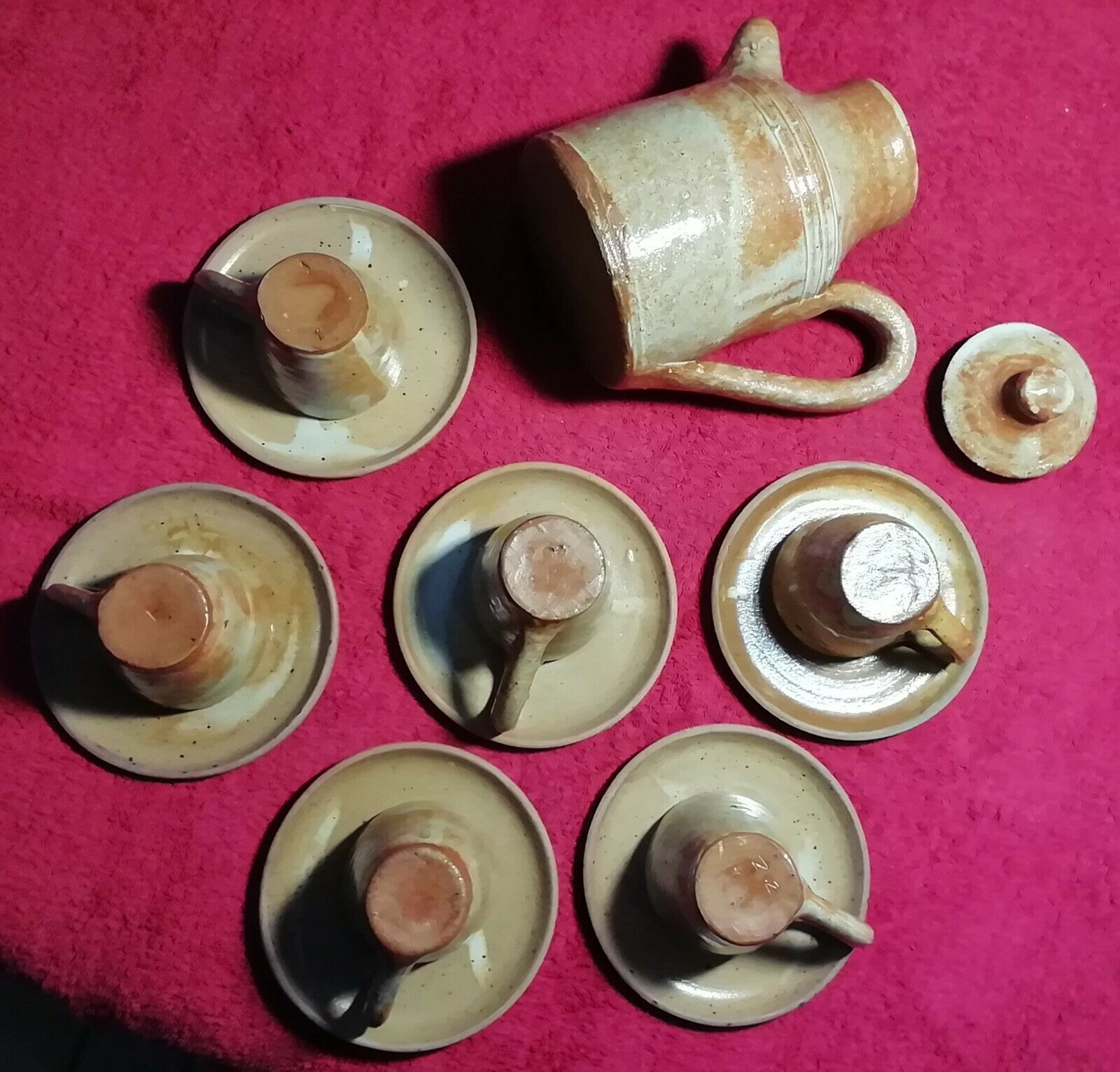 Set of 6 cups and under cups and teapot vered terracotta coffee