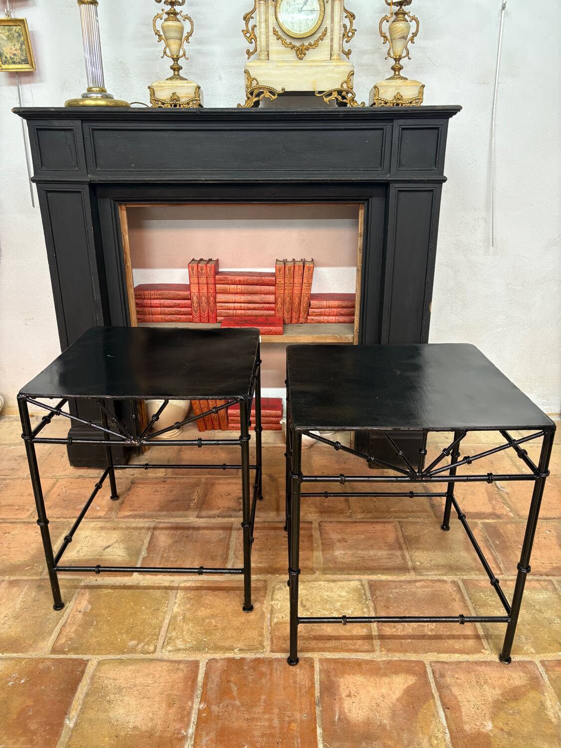 Pair of wrought iron side tables