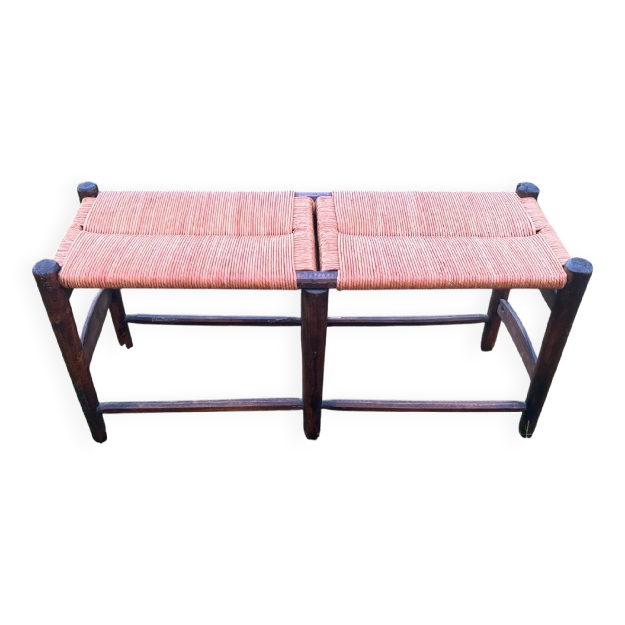 Two-seater straw bench, French rural style, wood and rush, early 20th century.