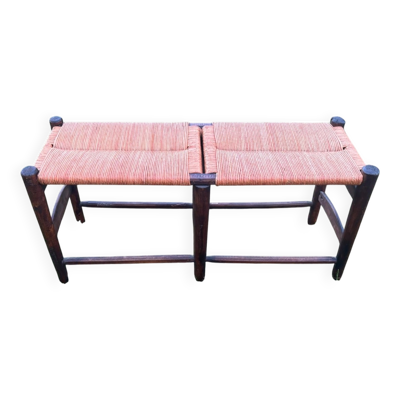 Banc paillé à deux places, style rural français, bois et jonc, début XXe