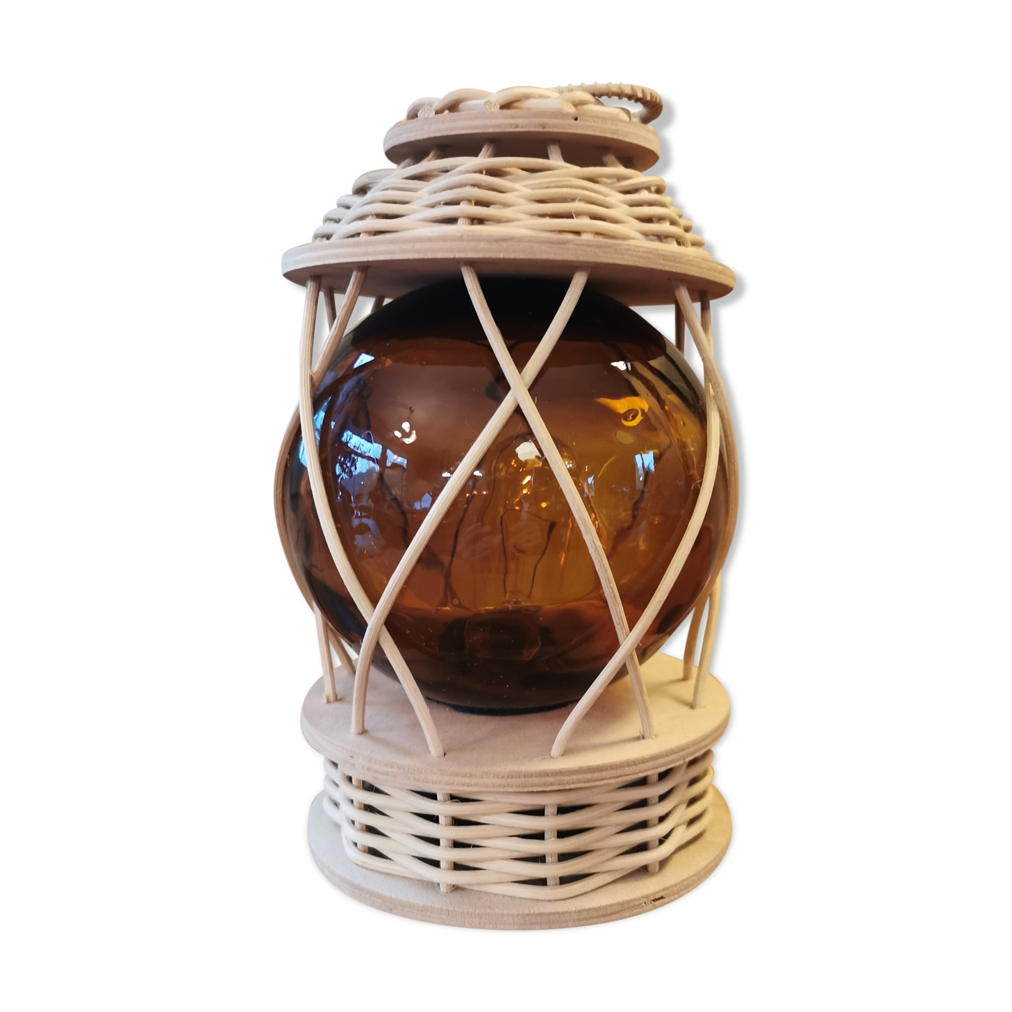 Vintage wooden and wicker lamp