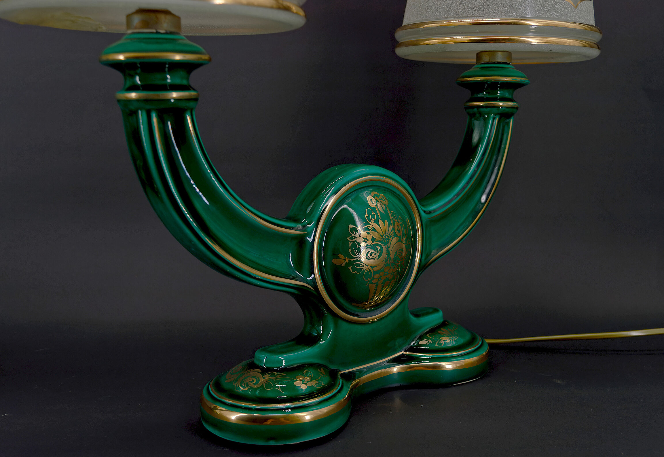 Pair of lamps in green and gold earthenware, circa 1940