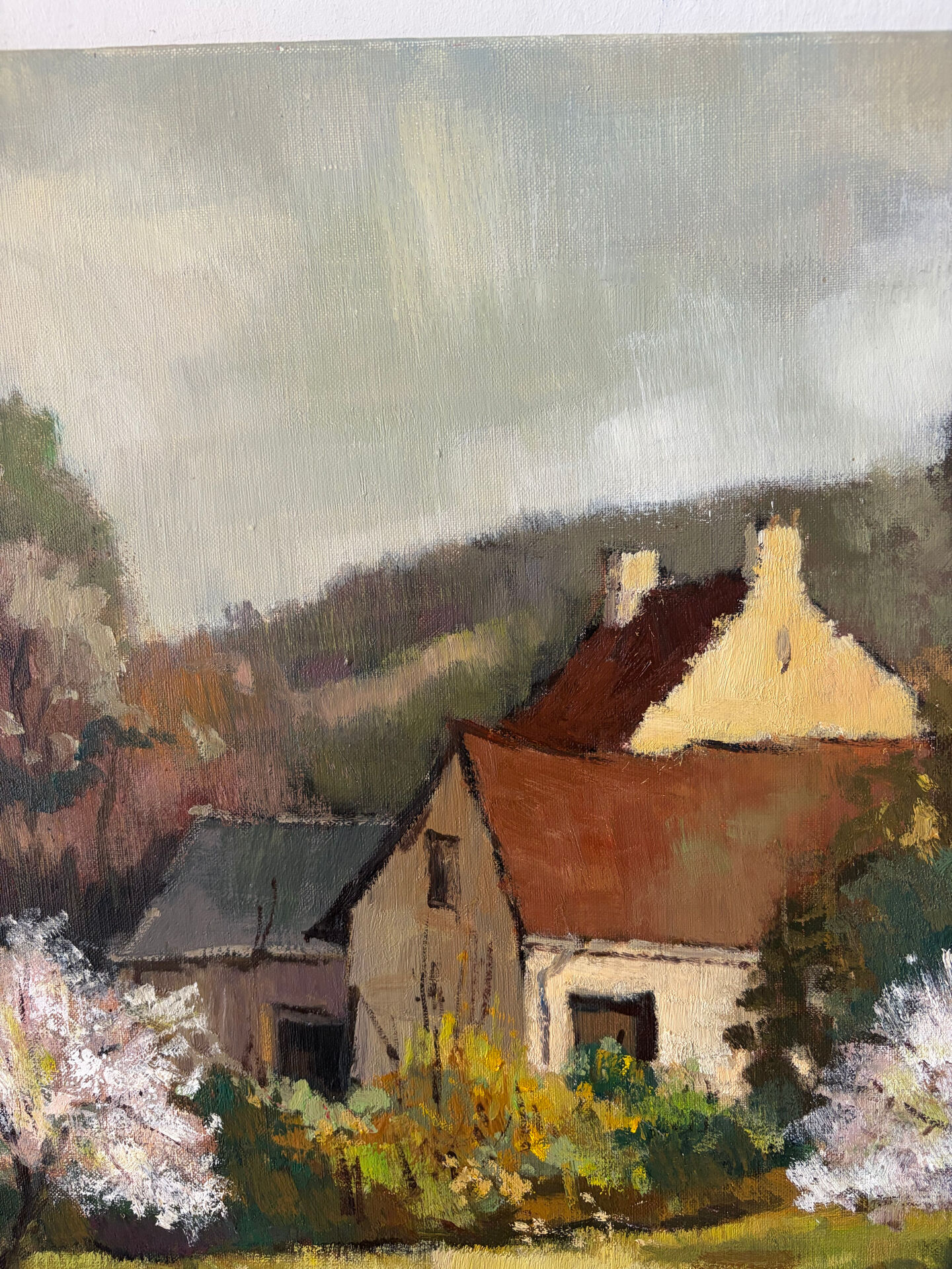 Le printemps au hameau, huile sur toile signé