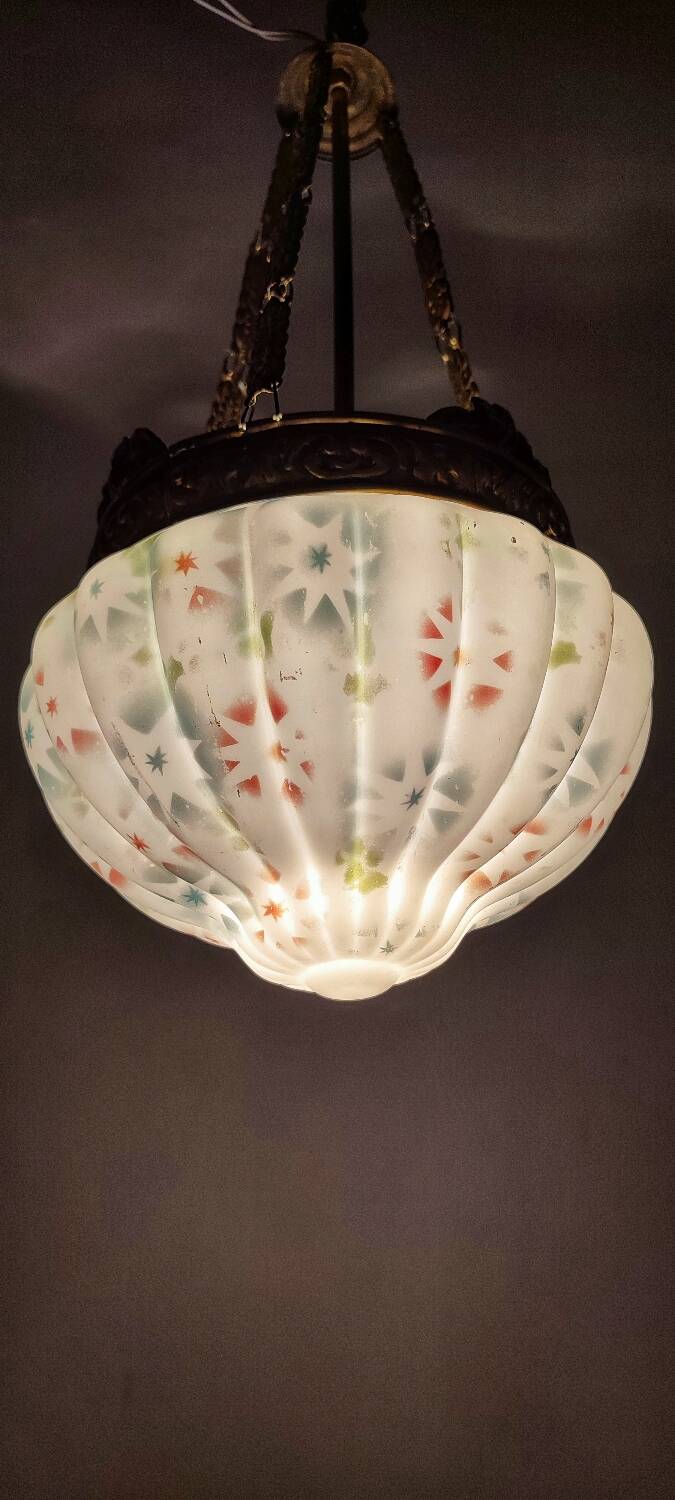 Lámpara de techo "Art Nouveau" de latón y cristal.  España, 1930s.