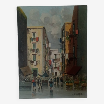 Huile sur toile " Rue animée de Naples"