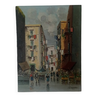 Huile sur toile " Rue animée de Naples"