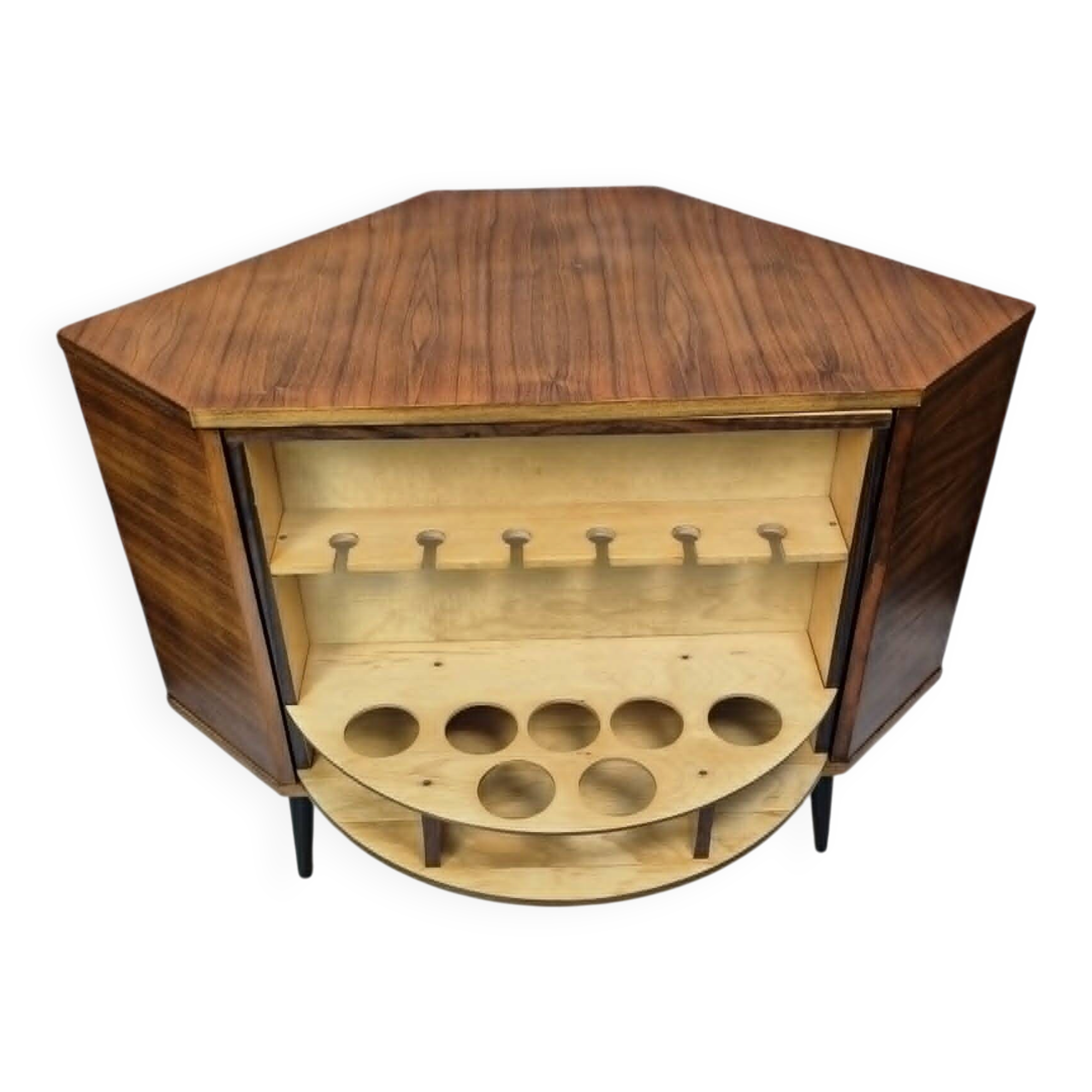 Rare Mid-Century Modern Walnut Corner Bar Cabinet with Revolving Carousel -