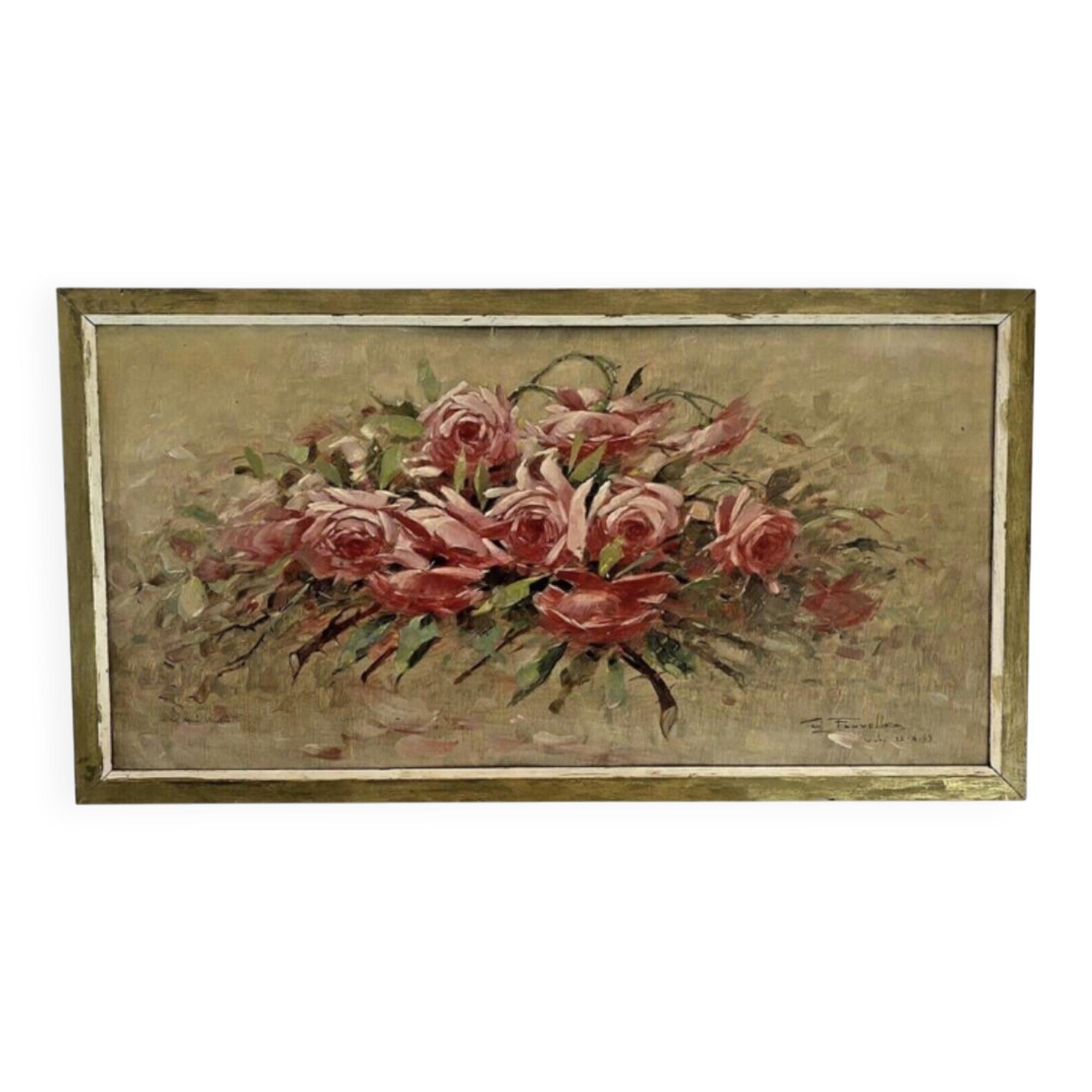 Oil painting on panel of a bouquet of roses signed by Paul Fauvelles 1943.