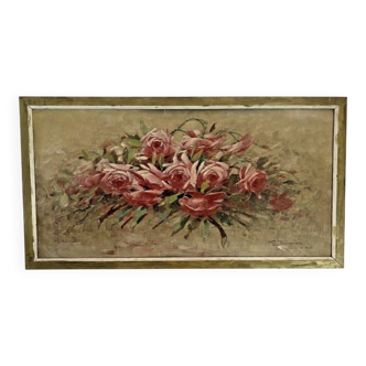 Oil painting on panel of a bouquet of roses signed by Paul Fauvelles 1943.