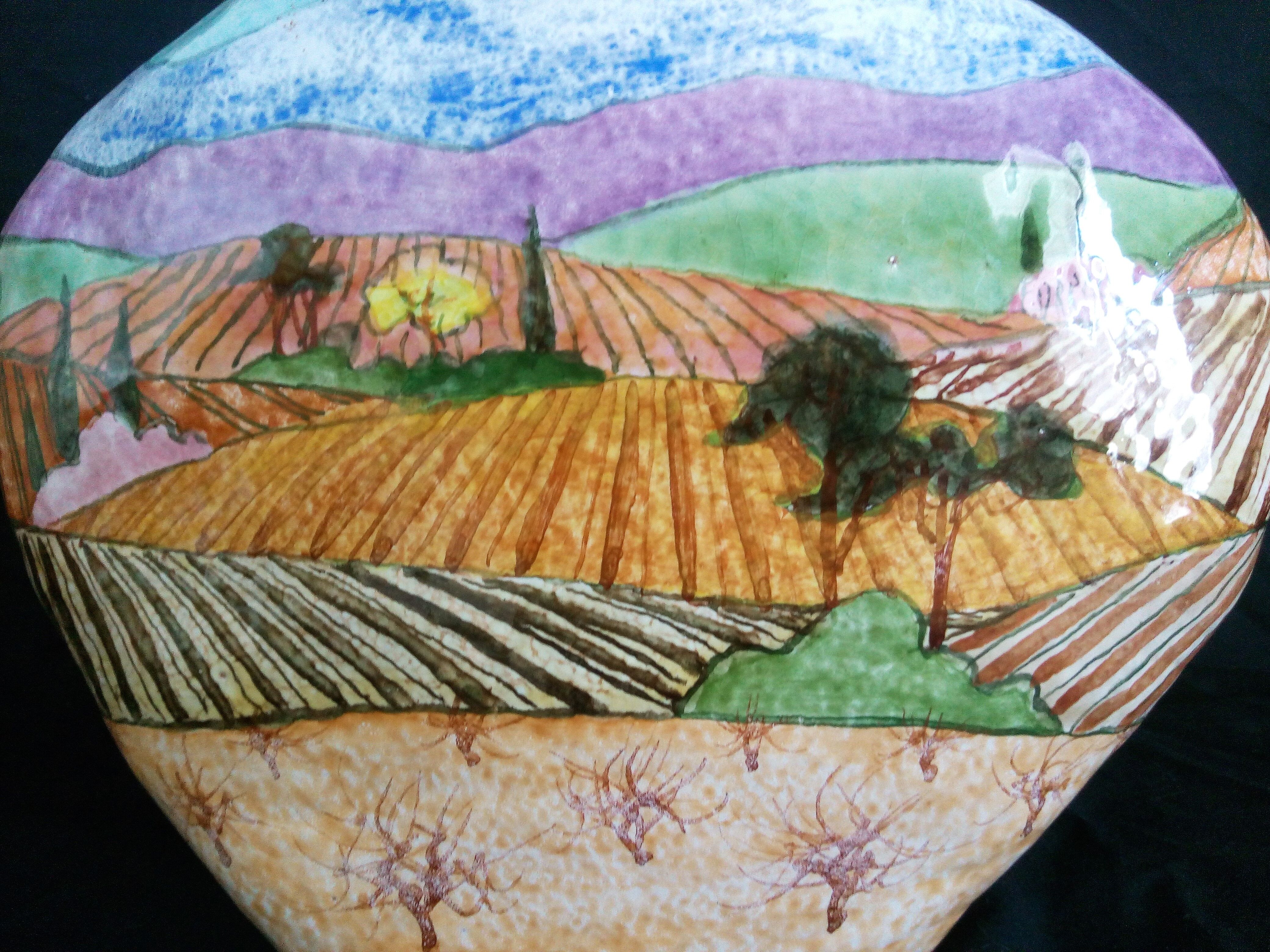 Vase Art Déco en grès, peint à la main d'un paysage champêtre