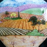 Art Deco stoneware vase, hand-painted with a country landscape