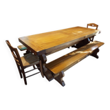 Set of solid oak abbey tables + 2 benches + 2 extension leaves