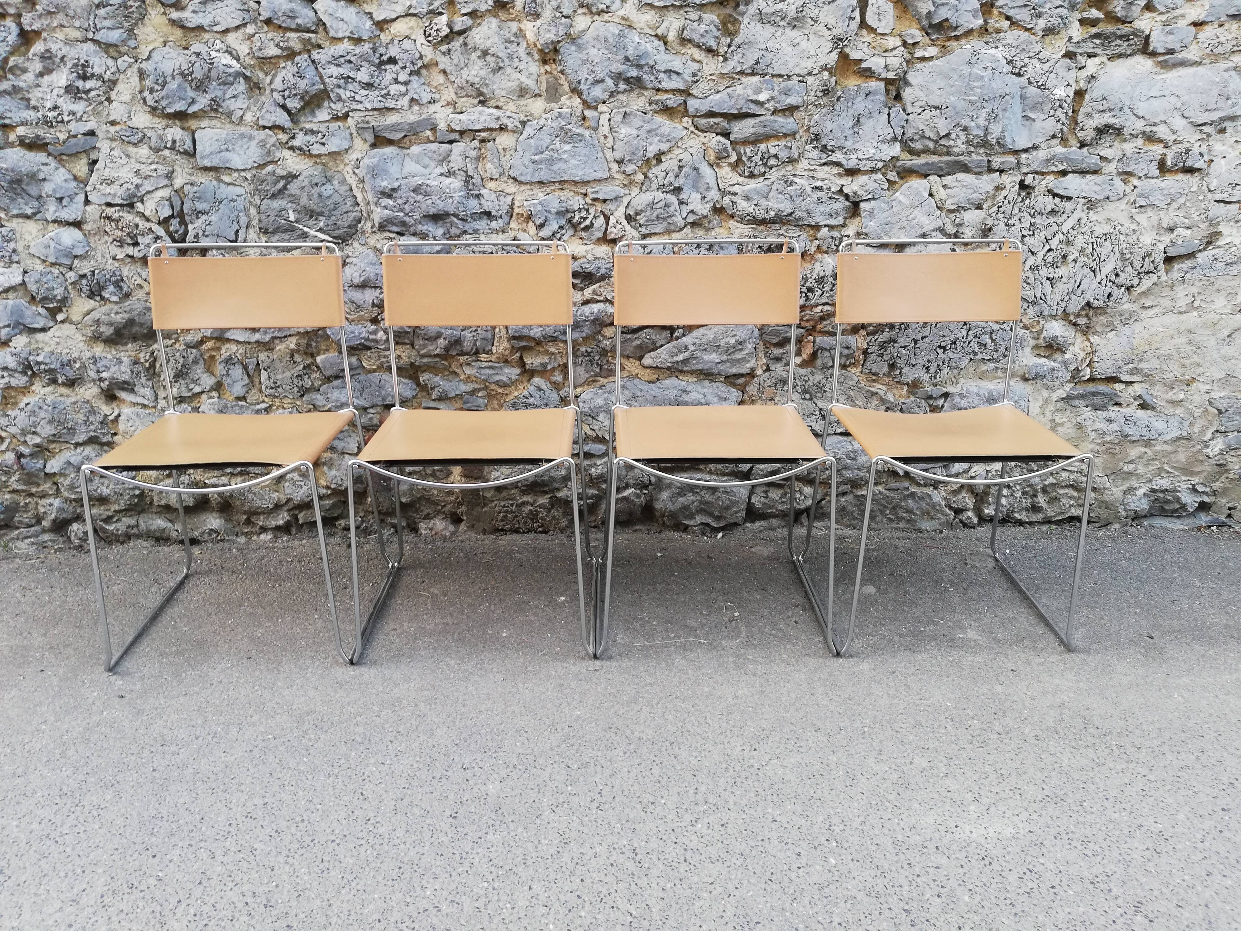 Chrome metal chair upholstered in leather 1970 Giandomenico Belotti