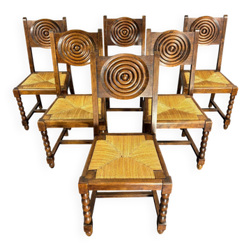 Set 6 French wood turned rush farmhouse dining chairs Charles Dudouyt style