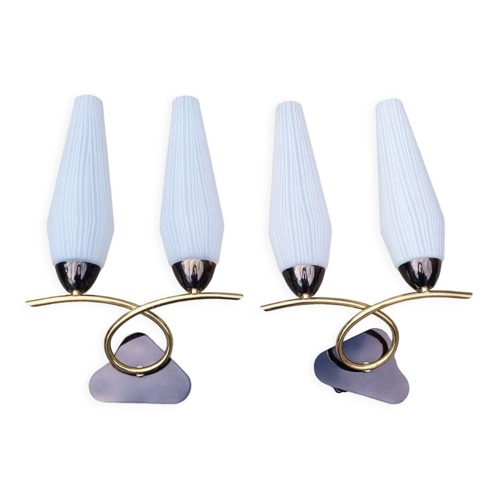 Pair of wall lamps, brass and opaline, vintage, Maison Lunel, 50s