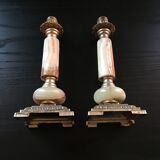 Pair of alabaster and brass candle holders