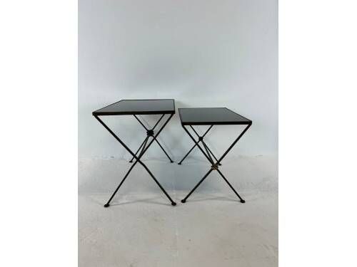 Modernist nesting tables in metal and black glass, 1950s.