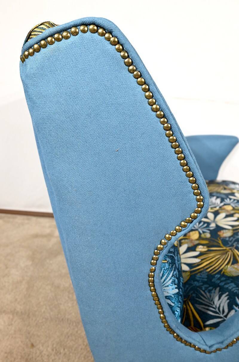 2-Seater Bench in Azure Blue Fabric – 1940s