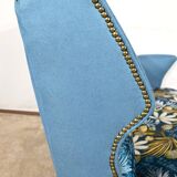 2-Seater Bench in Azure Blue Fabric – 1940s