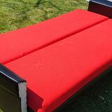 Vintage sofa 3 places convertible, red fabric and black skaï.1960s.
