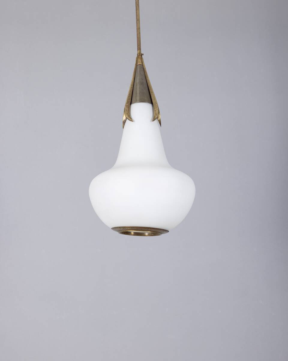 Vintage 1960s brass and opaline glass chandelier, designed by Stilnovo