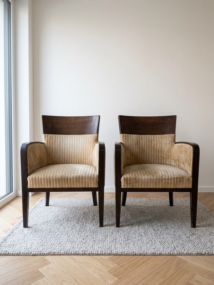 Pair of Art Deco Montbel dining chairs in beige velvet