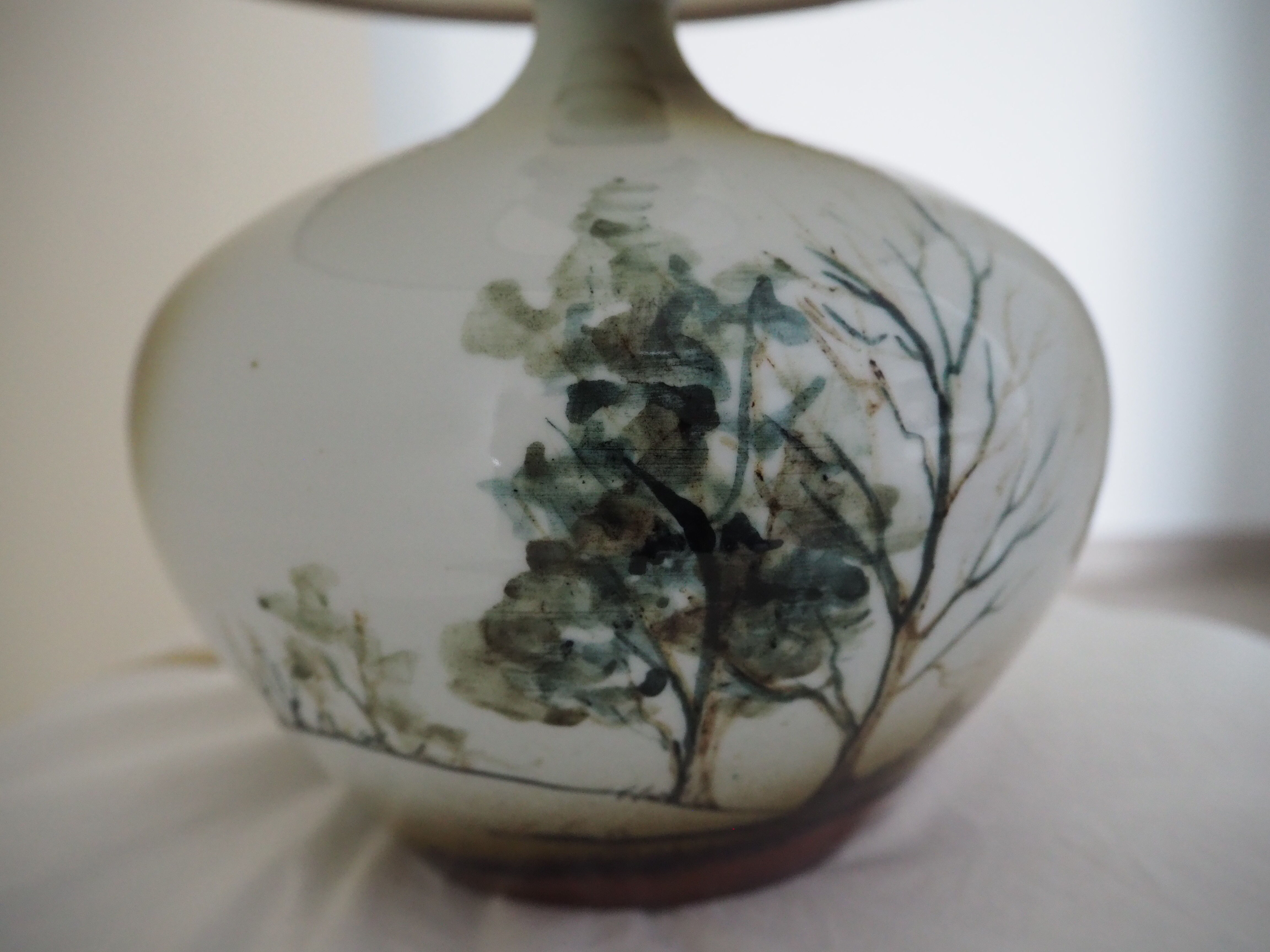 Enamelled ceramic ball lamp signed bossis and fabric lampshade