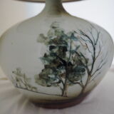 Enamelled ceramic ball lamp signed bossis and fabric lampshade