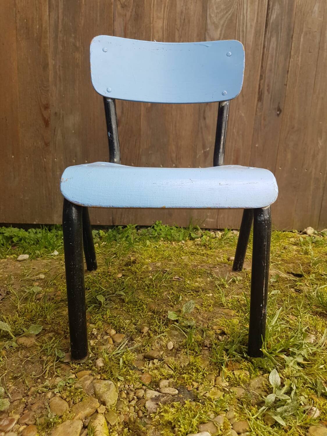 Mullca style children's chair black metal tube + vintage wood seat & back #a663