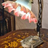 old art nouveau bronze lamp 30x25 with opalescent tulip red interior very rare