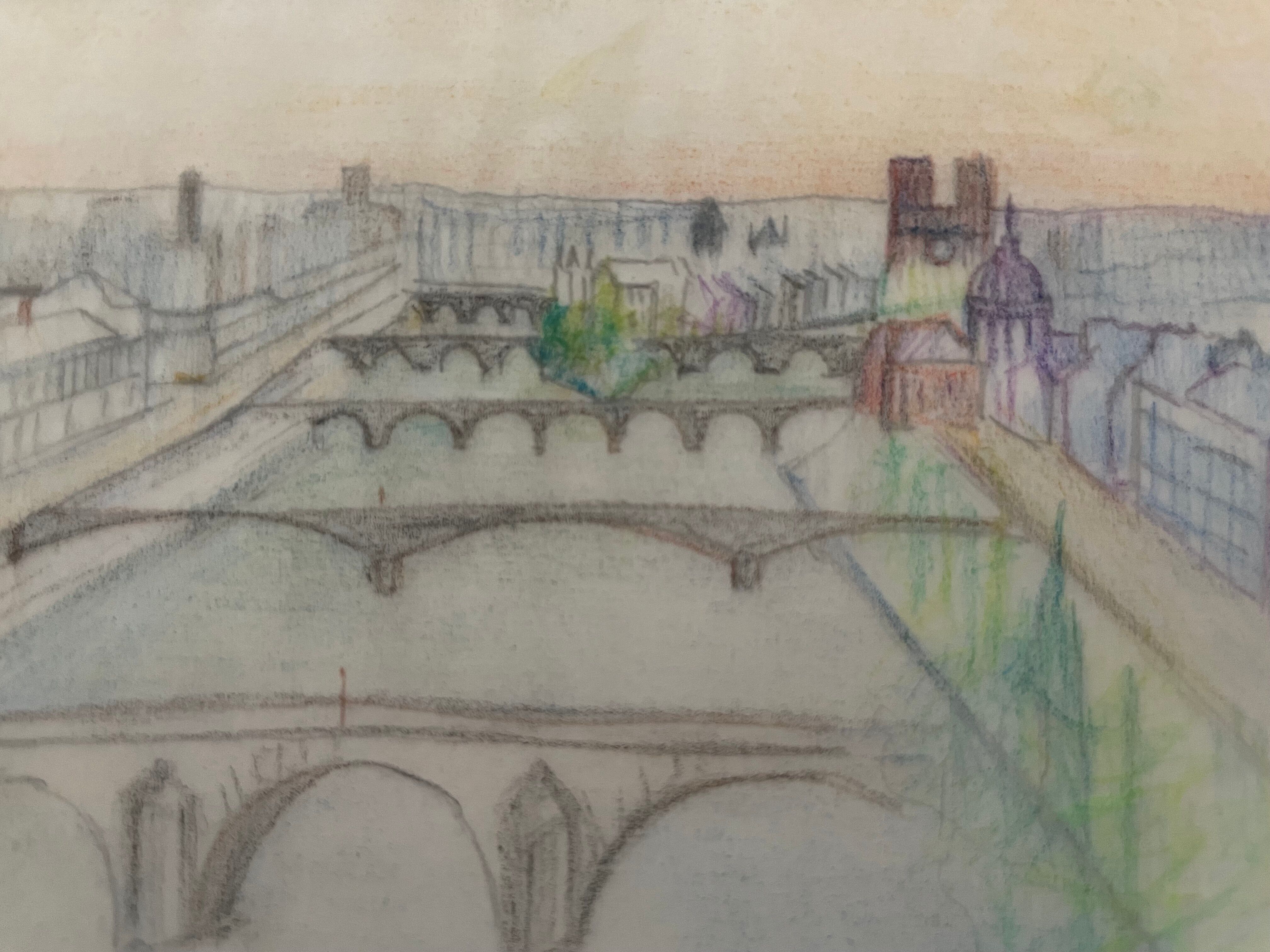 Drawing painting view of Paris on the Seine and its bridges