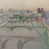 Tableau dessin vue de paris sur la seine et ses ponts