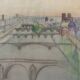 Drawing painting view of Paris on the Seine and its bridges