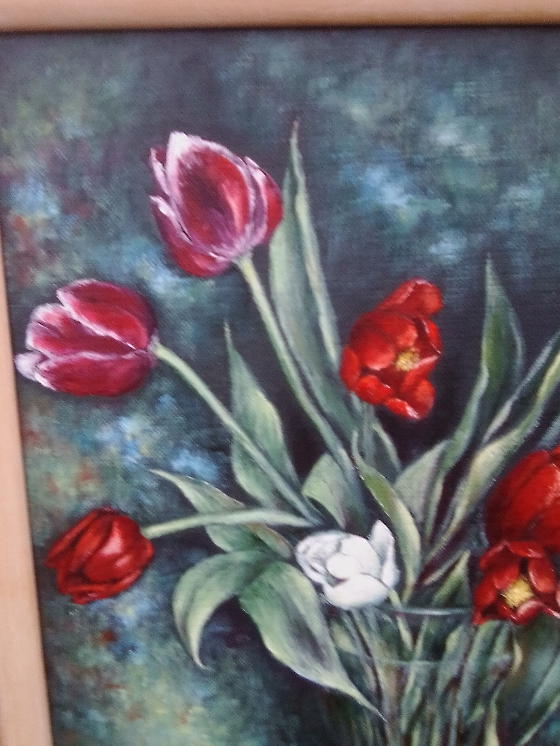 Oil on cardboard coated bouquet of tulips signed