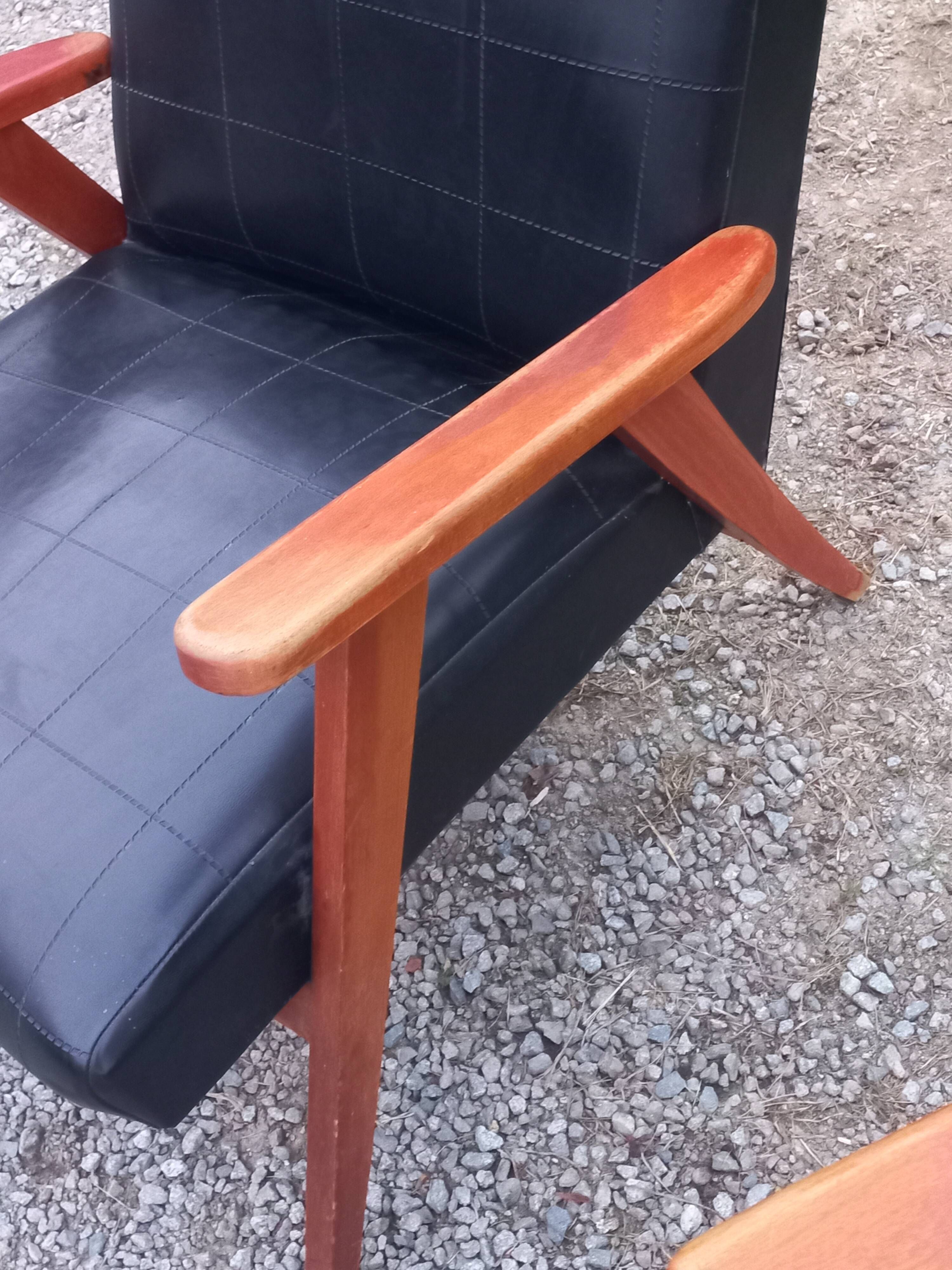 Pair of vintage beech armchairs feet compass covered with black moleskine from the 50s