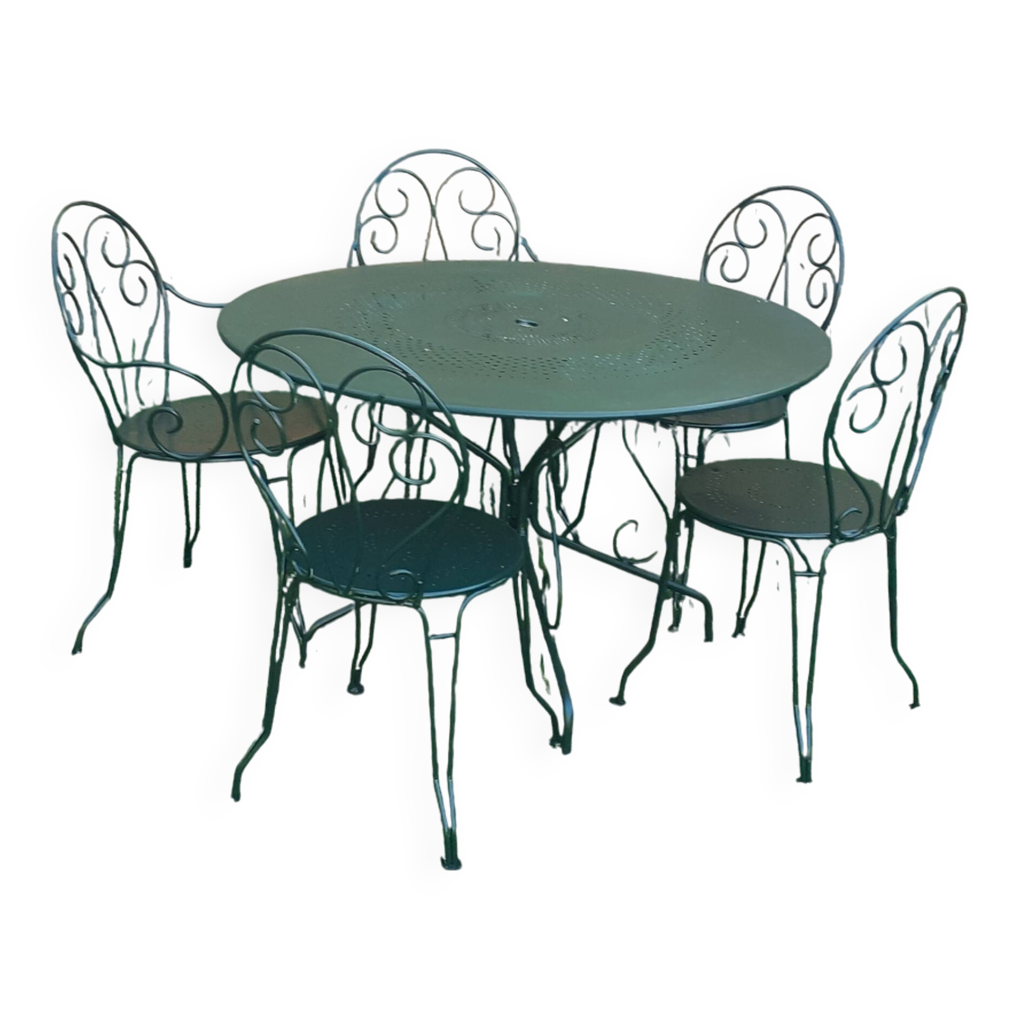 Salon de jardin 1 table 2 fauteuils 3 chaises fer forgé vert wagon