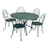 Salon de jardin 1 table 2 fauteuils 3 chaises fer forgé vert wagon