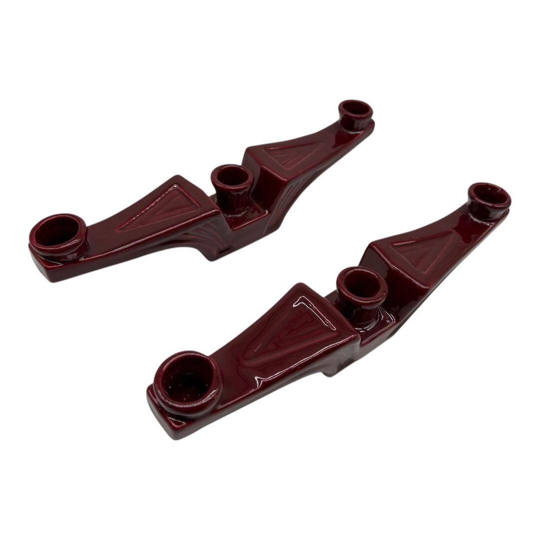 Pair of Art Deco Saint Clément candlesticks, burgundy earthenware, vintage, 3 lights.