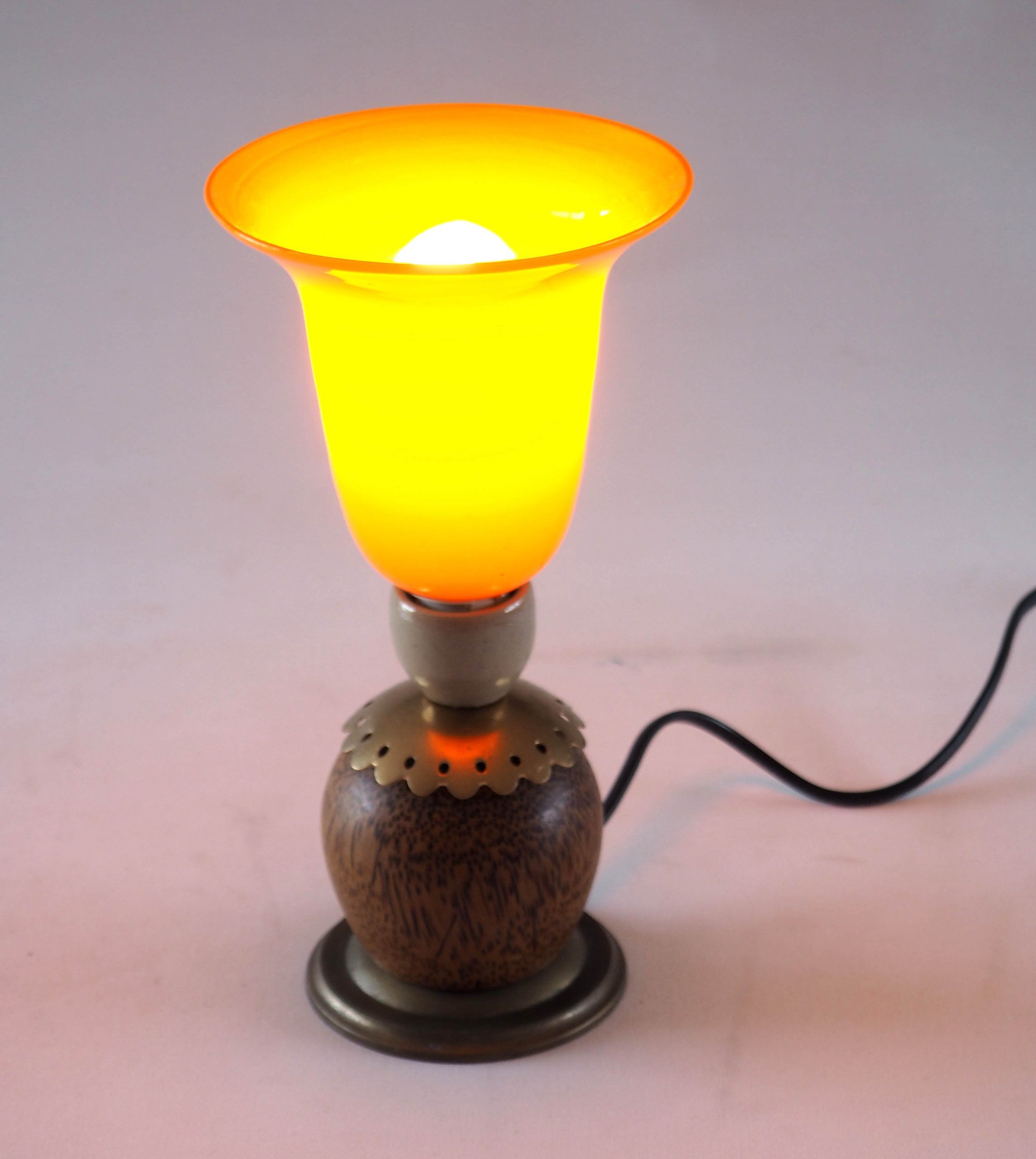 Orange glass ball lamp with wood