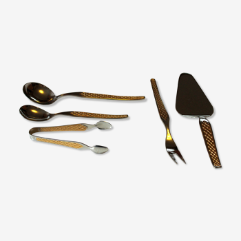 1970s gold plated Cutlery set with cake lifter,sugar tong, staging, set of 5, vintage