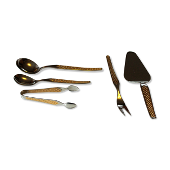 1970s gold plated Cutlery set with cake lifter,sugar tong, staging, set of 5, vintage