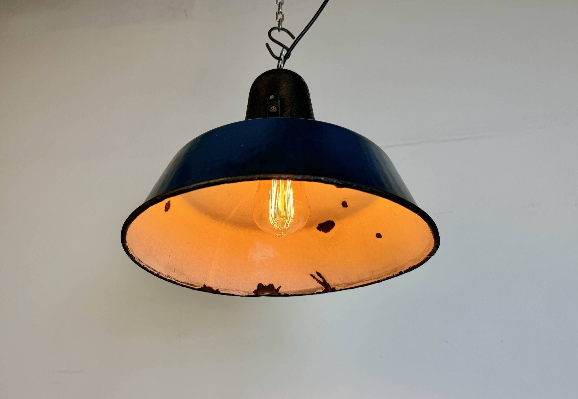 Industrial Blue Enamel Factory Lamp with Cast Iron Top, 1960s