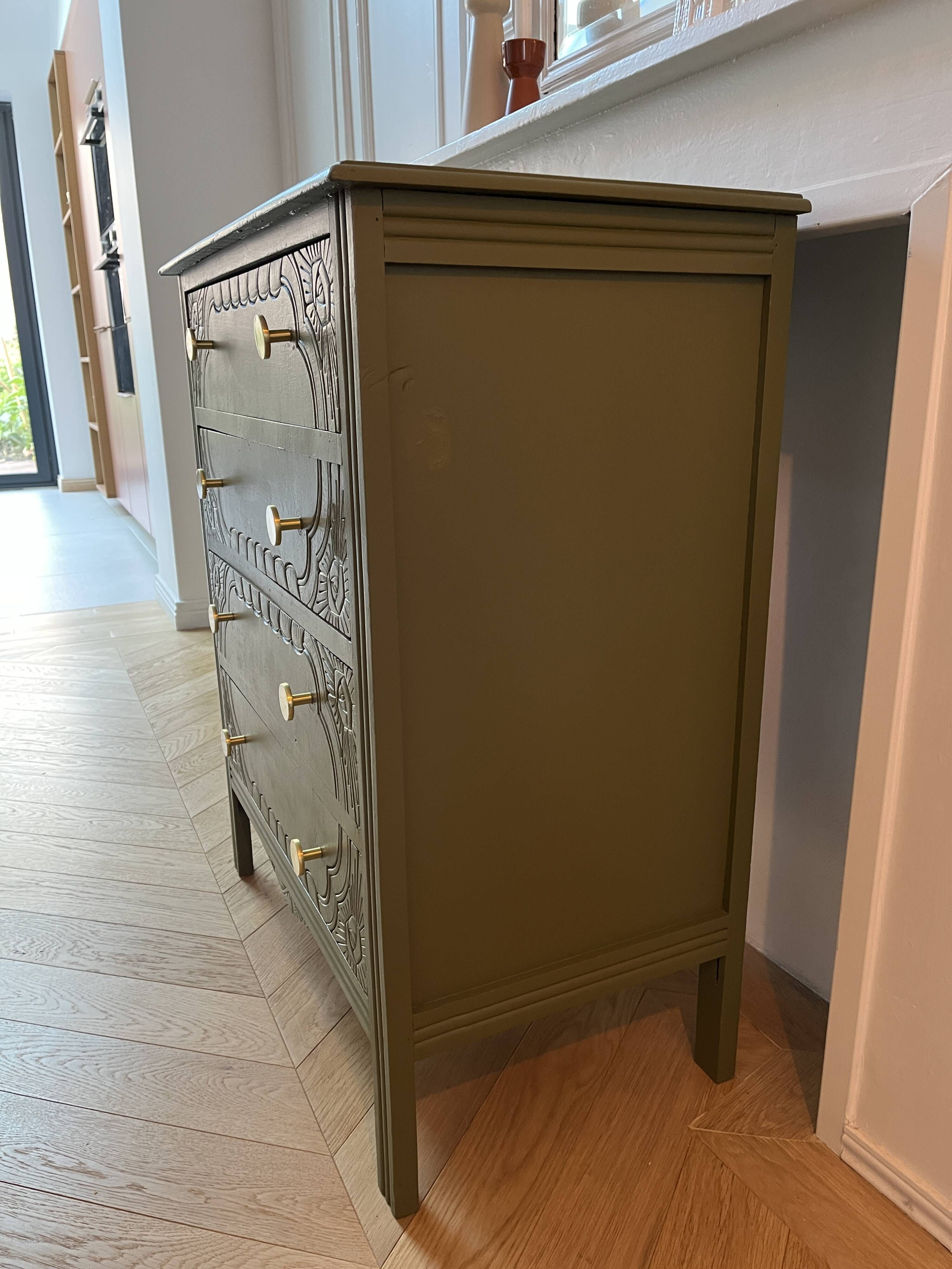 Art Deco chest of drawers - woody green - gold handles