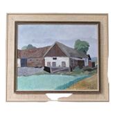 Peinture à l’huile de paysage vintage suédoise « Ferme dans la nature » du milieu du siècle, encadrée