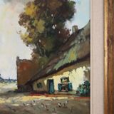 20th Century Belgian Painting of a farm scene with gilded wooden frame