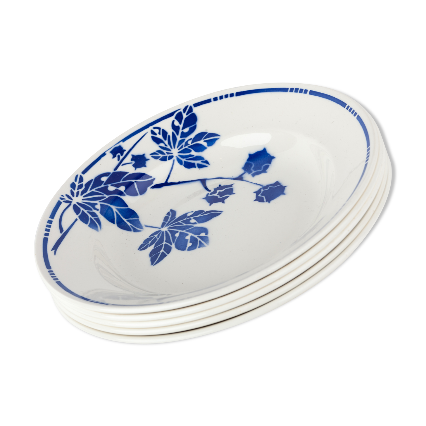 5 hollow Badonviller, pattern plates blue leaves French Antique