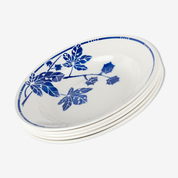 5 assiettes creuses Badonviller, motif feuilles bleues French Antique