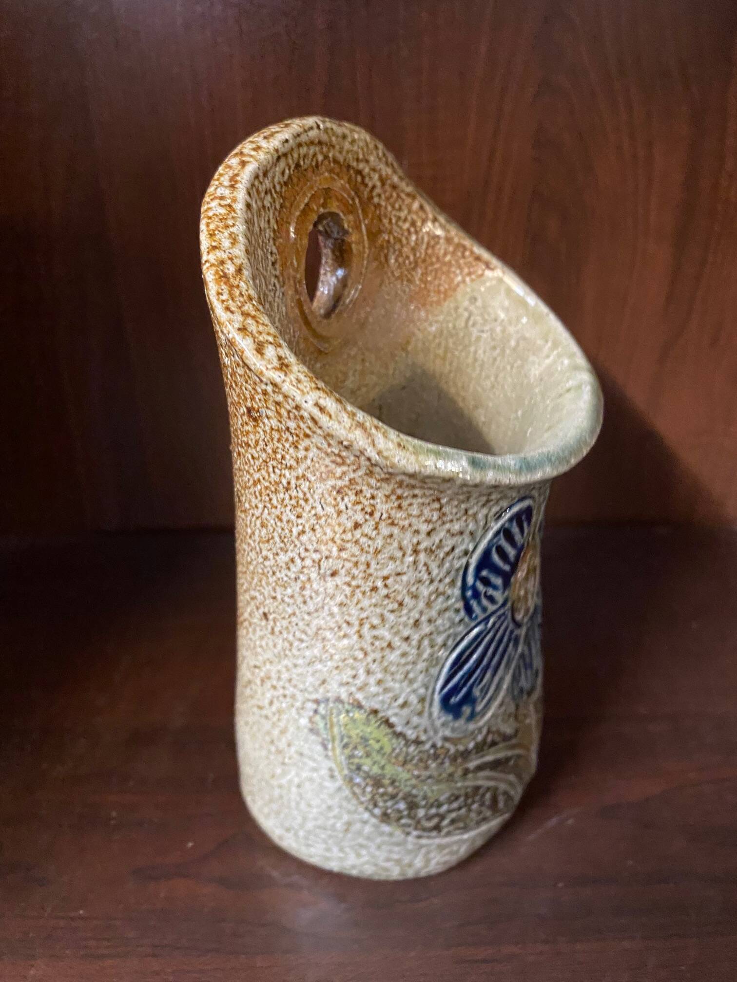 Salt stoneware vase signed jean claude monange blue flower place or hang